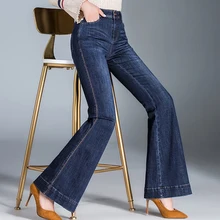 Весна Осень Повседневные винтажные женские с высокой талией стрейч расклешенные джинсы брюки, осенние женские тонкие эластичные синие джинсовые брюки