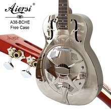 Aiersi Hawaii Tree Palm Pattern O Style Brass Body Electric Resonator Guitar With Case and Strap Aiersi Hawaii Tree Palm Pattern O Style Brass Body Electric Resonator Guitar With Case and Strap