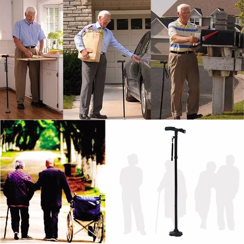 Светодиодный светильник складной для пожилых людей, защитная трость для прогулок, 4 головки, поворотная верная основа для Т-руля, треккинга