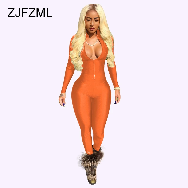 ZJFZML Womens Jumpsuit Long Sleeve Skinny Causal Outfits Rompers Female Front Zipper Overalls V Neck Party Club Sportsuits