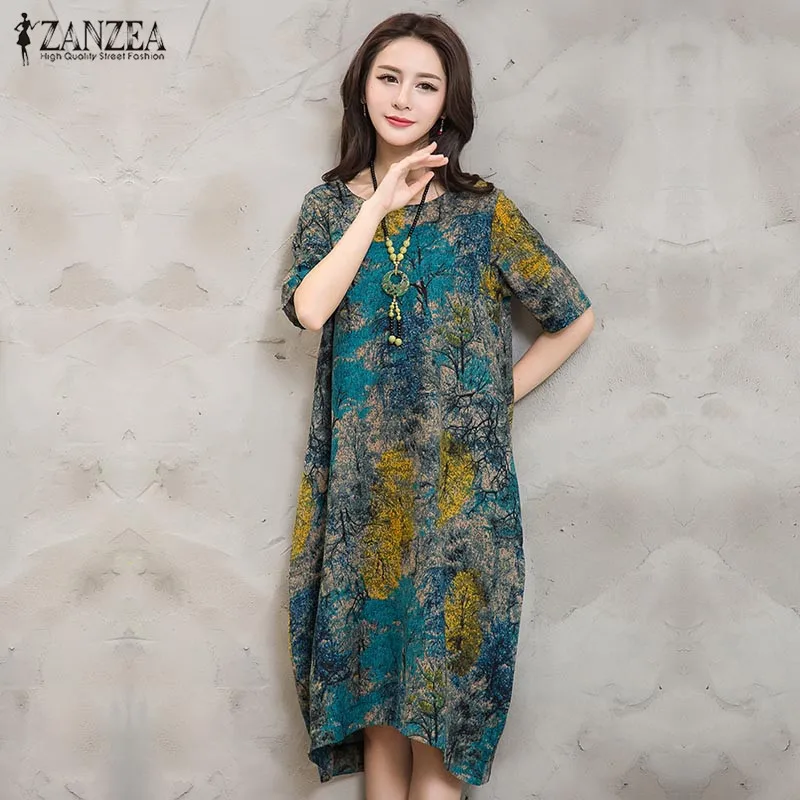 

2019 Summer Vintage Floral Print Dress ZANZEA Women O Neck Short Sleeve Casual Loose Pockets Irregular Dress Vestidos Plus Size