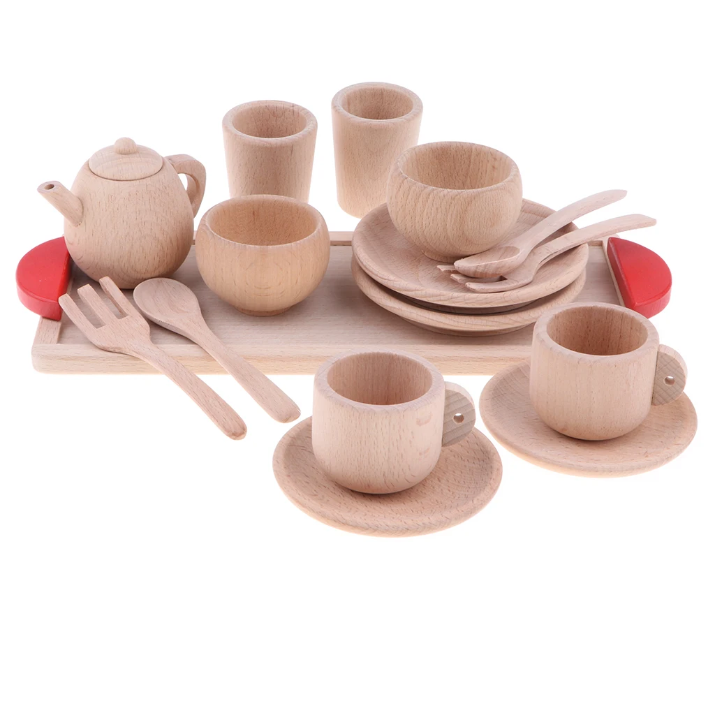 16-piece Wooden Tea Set Pretend Play Toy Educational Game For Kids Children - Soild Beech Saucer Cup Salver Teapot Coffee Set