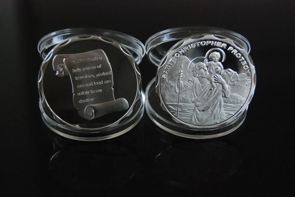 Saint Christopher protect us coin Scriptures Coin+Jesus silver Coin free shipping