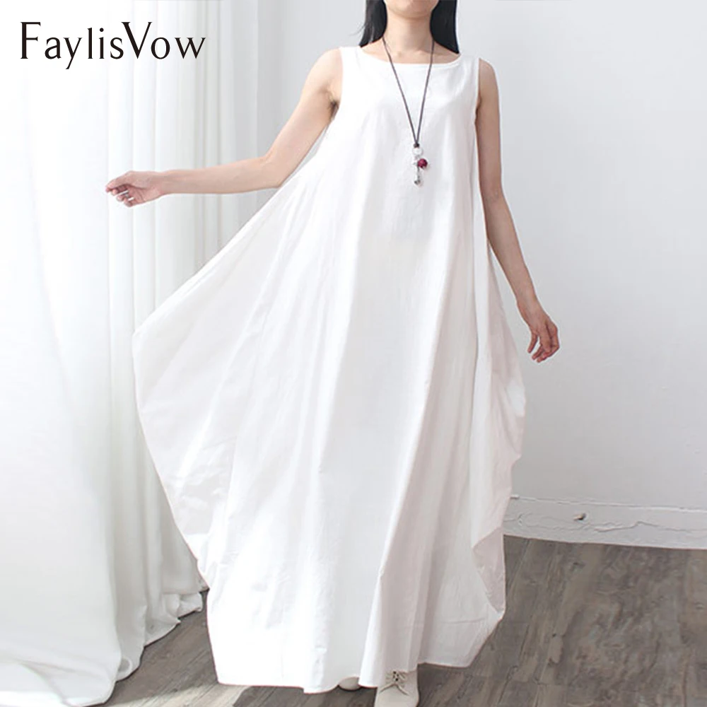 Faylisvow 4XL 5XL Baggy Summer Sleeveless Dress Women Casual Cotton