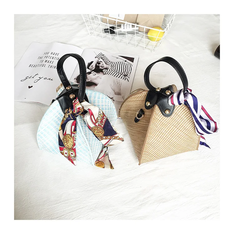 

mylb Straw hand-knotted lantern bag Four seasons new mini shoulder satchel beach bag portable triangle scarf small hit color bag