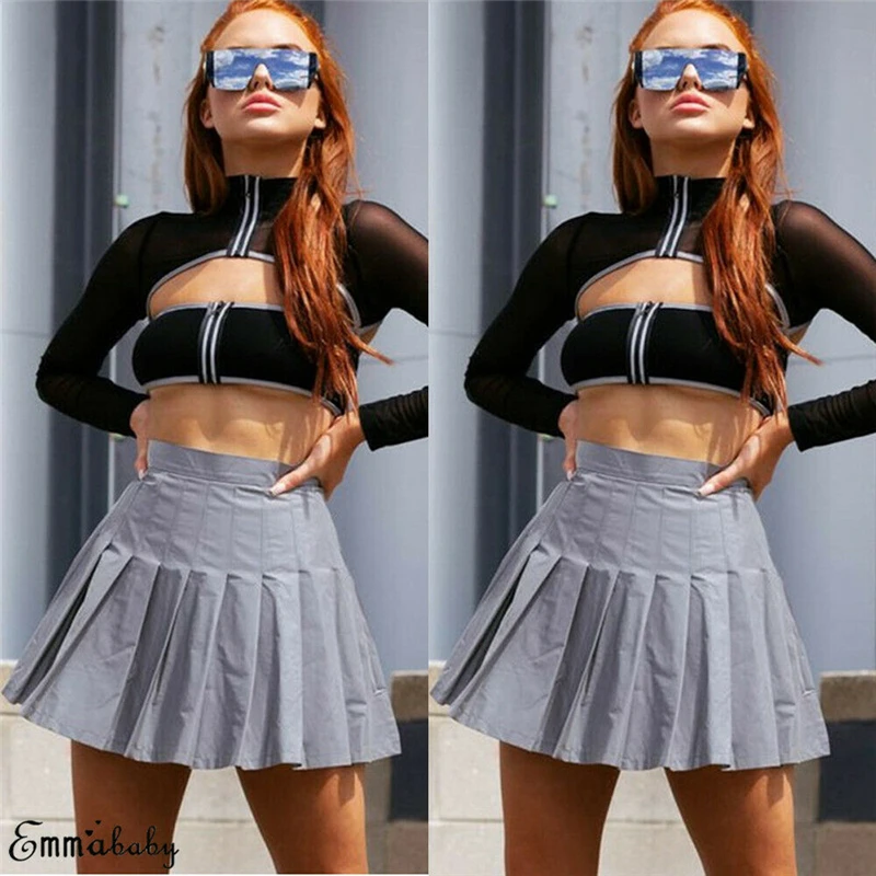 Новая женская сексуальная клубная одежда Светоотражающая плиссированная юбка трапециевидная Повседневная Высокая Талия Мини Короткие Сарафаны