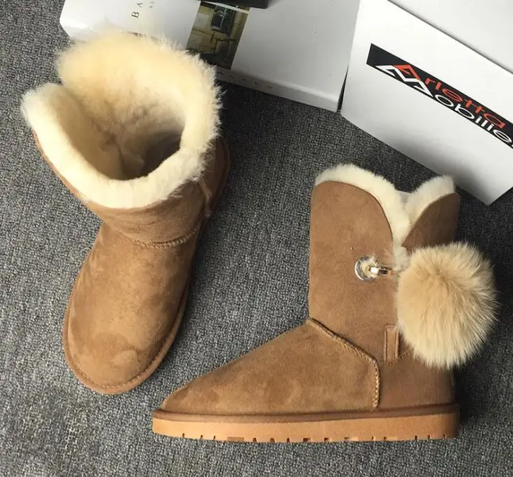

2018 U brand women snow boots genuine leather new style sheepskin Hair ball brown/black flat boots 35-40 no have box