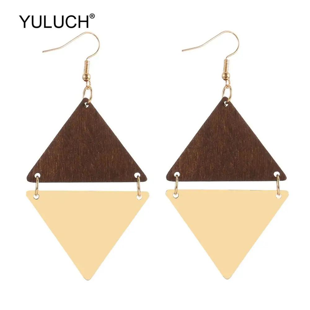 

YULUCH Fashion Triangle Wooden Golden Metal Alloy Drop Earrings For Women Jewelry Ethnic African Indian Pendant Dangle Earrings