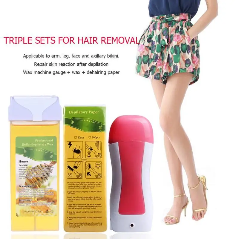 

3 In 1 Depilatory Hair Removal Wax Wet Wax Strips For Hair Removal With Epilator Machine Cartridge Heater Waxing Paper Set