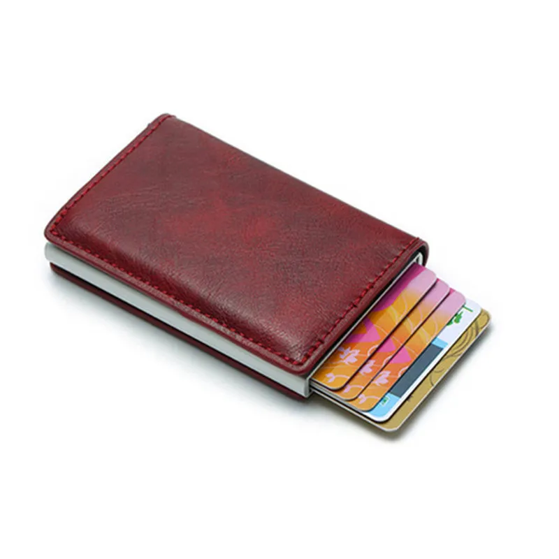 BYCOBECY صغيرة محفظة لبطاقات الائتمان RFID البسيطة محفظة للجنسين المعادن حامل بطاقة ضئيلة مجنون الحصان بو الجلود بطاقة المحفظة المعادن