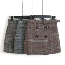Новая модная женская шерстяная мини-юбка осенне-зимняя прямая клетчатая с поясом на пуговицах Элегантная короткая юбка с высокой талией Femininas