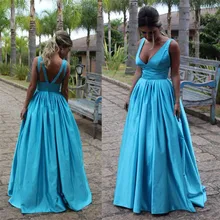 Günstige Blue Stain Langes Abendkleid Sexy V-ausschnitt Rückenfreie Abendgesellschaft Kleider Mode Strass Perlen A-linie Prom Kleid Heißer Verkauf