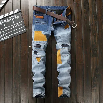 

2019 New Fashion Patch Locomotive Trend Hole patch Slim feet long pants Men's Casual Trousers more size 29-34 36 38