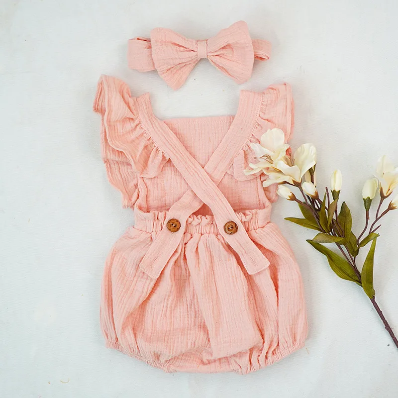 Одежда для маленьких девочек из органического хлопка летний детский комбинезон с двойным плетением и рюшами, Детский комбинезон с повязкой-бантом, пыльно-розовый комбинезон для новорожденных, 3 месяца