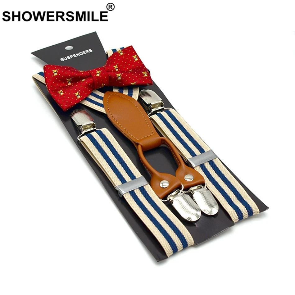 

SHOWERSMILE Striped Suspenders Bow Tie for Children Boys Party Pants Strap Fashion 4 Clips Suspender Belt Casual Kids Braces
