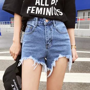 

2019 Women's New Distressed Washed Denim Shorts Fashion Raw Edged Wild High Waist Jeans Female Slim Mini Cowboy Shorts D335