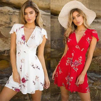 

Womens Boho Beach Summer sundress Casual Party Cocktail Short Sleeve Floral Dress elegant playa v-neck harajuku vestido femme