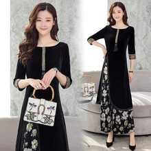 Two Pieces Velour Dress 2019 Elegant Beading 3/4 Sleeve Velvet Midi Dress Floral Print Two Pieces Dress Winter Women Dresses Two Pieces Velour Dress 2019 Elegant Beading 3/4 Sleeve Velvet Midi Dress Floral Print Two Pieces Dress Winter Women Dresses