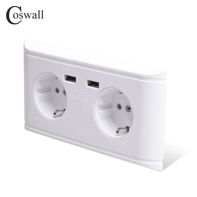 Coswall, двойной USB порт для зарядки, 5 В, 2,4 А, 16А, настенный, Россия, Испания, стандартный разъем питания, двойная розетка европейского стандарта, зарядное устройство, адаптер