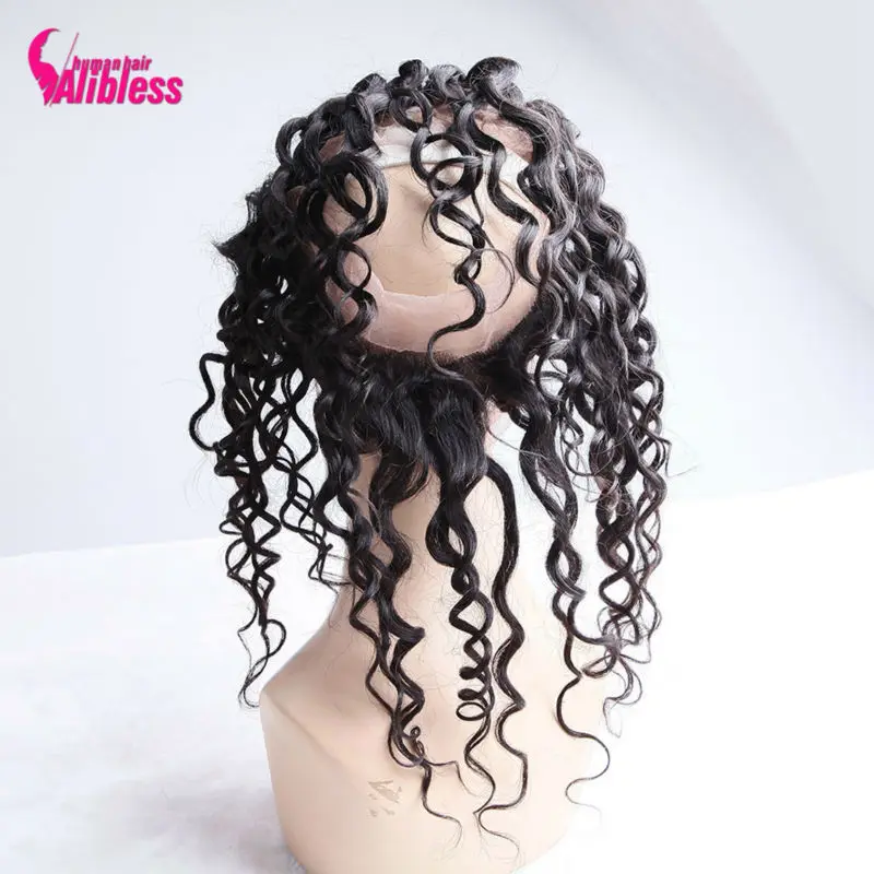 

360 Lace Frontal Closure 8A Peruvian Water Wave Curly Pre Plucked Full Frontal Lace Closure With Adjustable Straps Bleach Knots