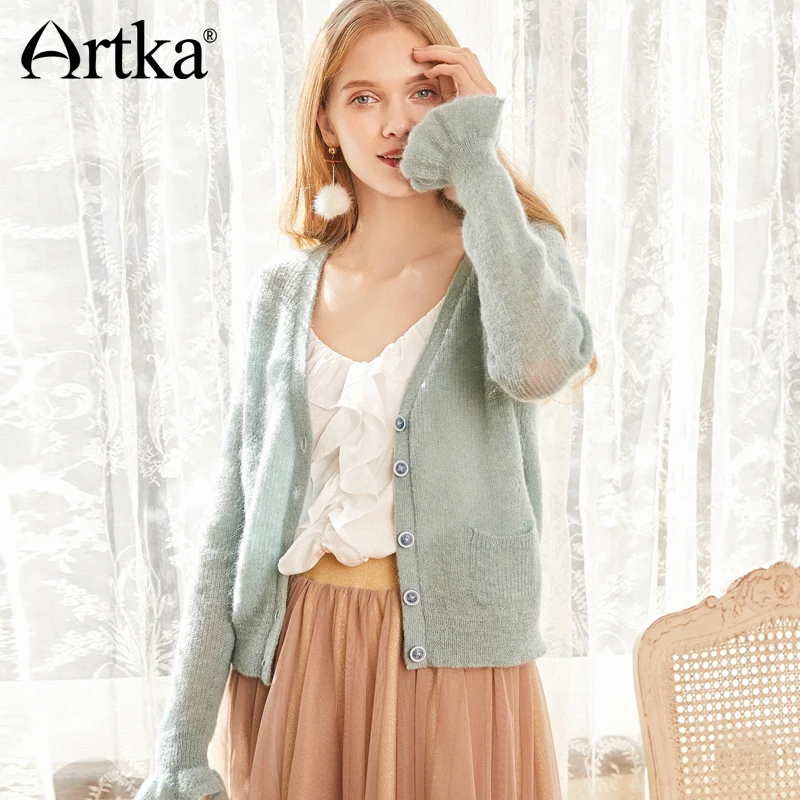 ARTKA New Spring Women's Solid Color Woolen Mohair Flare Sleeve Cardigan WB10381C |