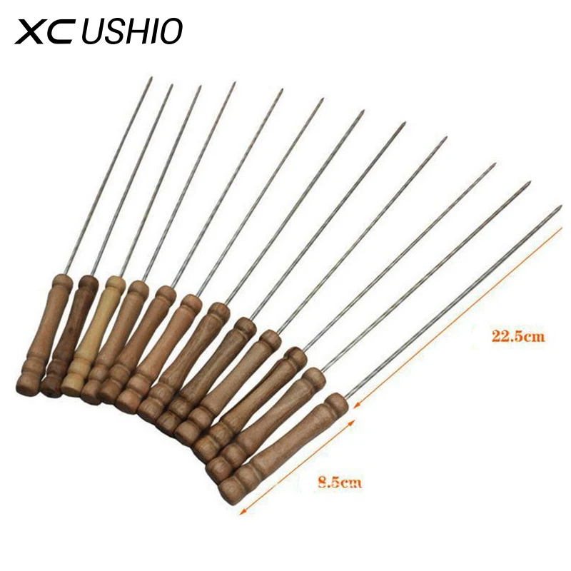 

12pcs/lot Metal Stainless Steel BBQ Skewers Wooden Handle Skewer Flat Needle Twisted Barbecue String Camping Picnic Tools