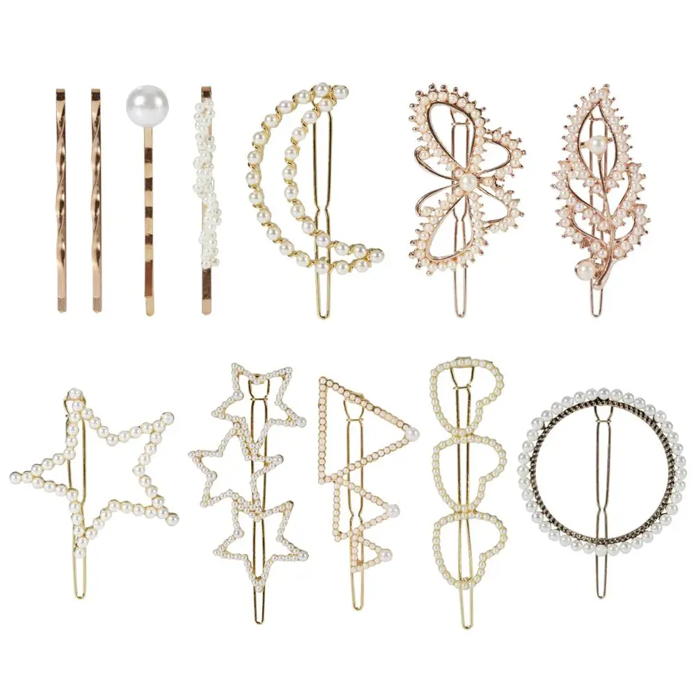 

12 Pack Gold Vintage Triangle Circle Moon Butterfly Leaf Minimalist Pearl Metal Hair Clip Bobby Pins Hairpins Wedding Party