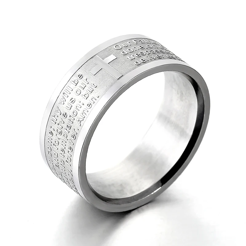 English Titanium Steel Christian Cross Bible Ring for Men and Women Personalized Ring Customize Engraved finger ring