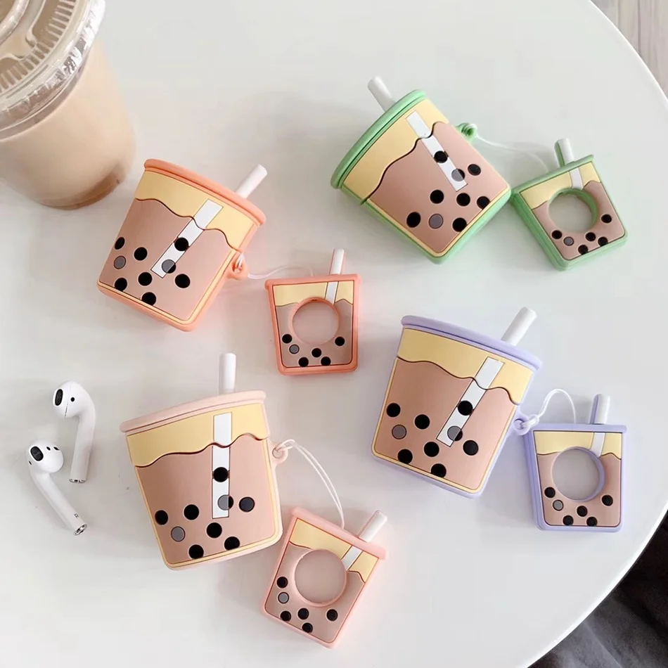 

For AirPods Case Cartoon Cute Funny Milk Bubble Tea Drink Bottle Earphone Protect Cover For Airpods 2 with Finger Ring Strap