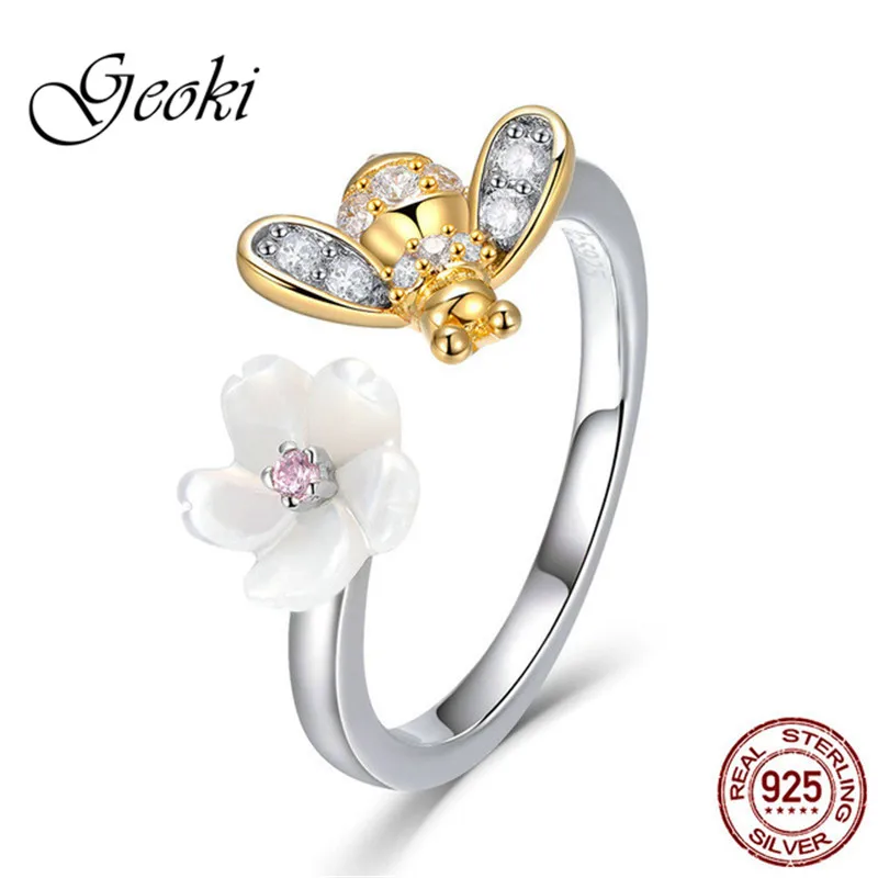 

Geoki 925 Sterling Silver Cute Cubic Zirconia Paved Honeybee&Flower Ring Bee Shaped Adjustable Rings Elegant Jewelry