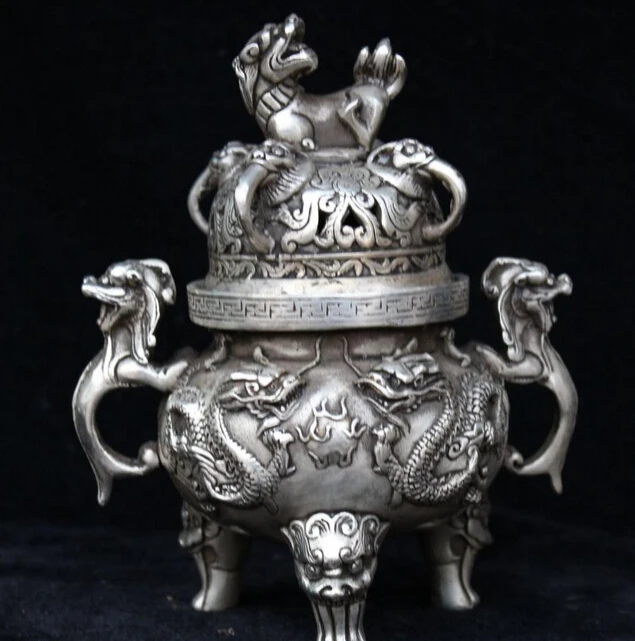 

Marked Chinese Silver Lion Statue Two Dragon Play Bead Incense Burner Censer R0707 Discount 35%