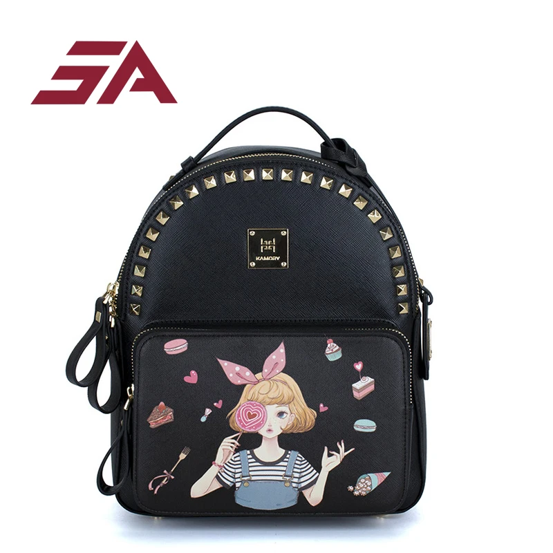 

SA Retro Arty Backpack Women Sweet Style Fasion Pink Rivet Bag Lovely Cartoon Printing Small Packsack Ladies PU Schoolbag