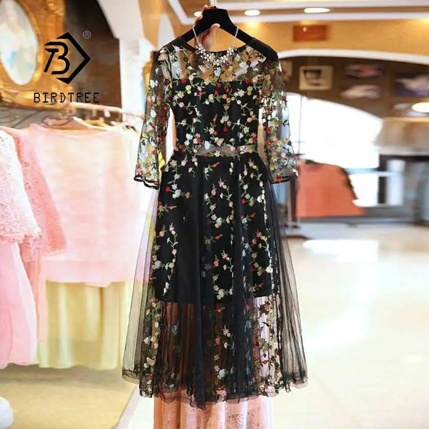 

New Mesh Embroidered Flowers Women's Patchwork Dress Hollow Out High Waist Female Vestido Lady Vintage Hot Sale D94810Z