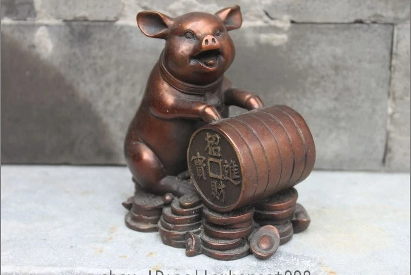 

China Folk classic red Bronze copper Fengshui Pig Attract Wealth Animal statuary