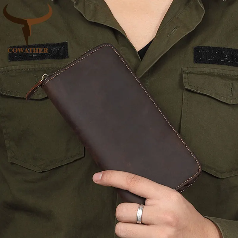 

COWATHER top cow genuine leather wallet men 2019 Crazy horse genuine leather long style casual men wallets Q2017 free shipping