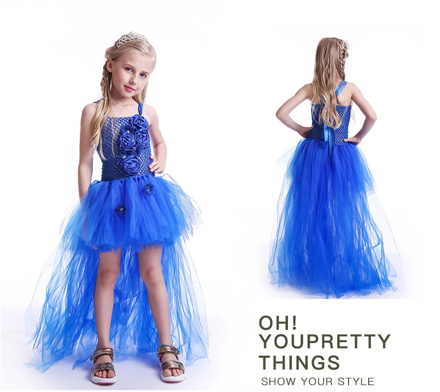 Royal Blue Flowers Girls Tutu Dress High Low Ice Princess Tulle Dress for Wedding Pageant Party Handmade Baby Photo Costume (7)