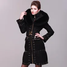 Новинка, роскошный женский пуховик, Бренд, зимняя куртка, пуховик и парка, с заклепками, Лисий мех, пальто, пуховики, куртки, женская верхняя одежда, пуховики