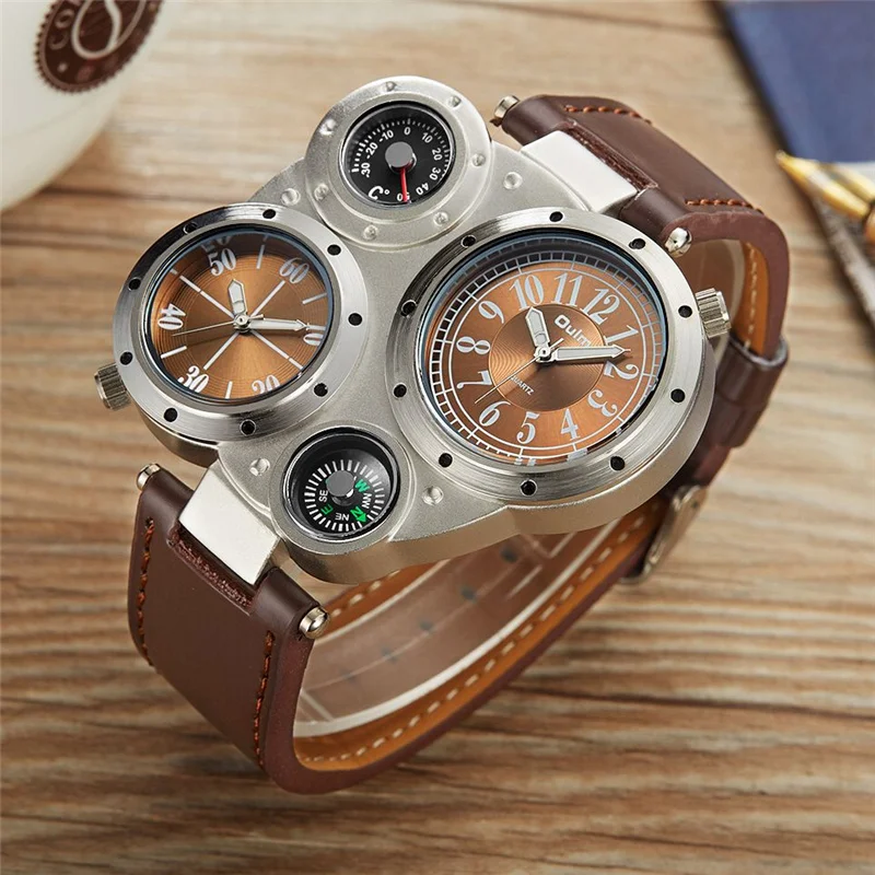 Oulm Мужские часы, украшенные термометром, компасом, уникальный дизайн, люксовый бренд, мужские спортивные часы, два часовых пояса, мужские наручные часы