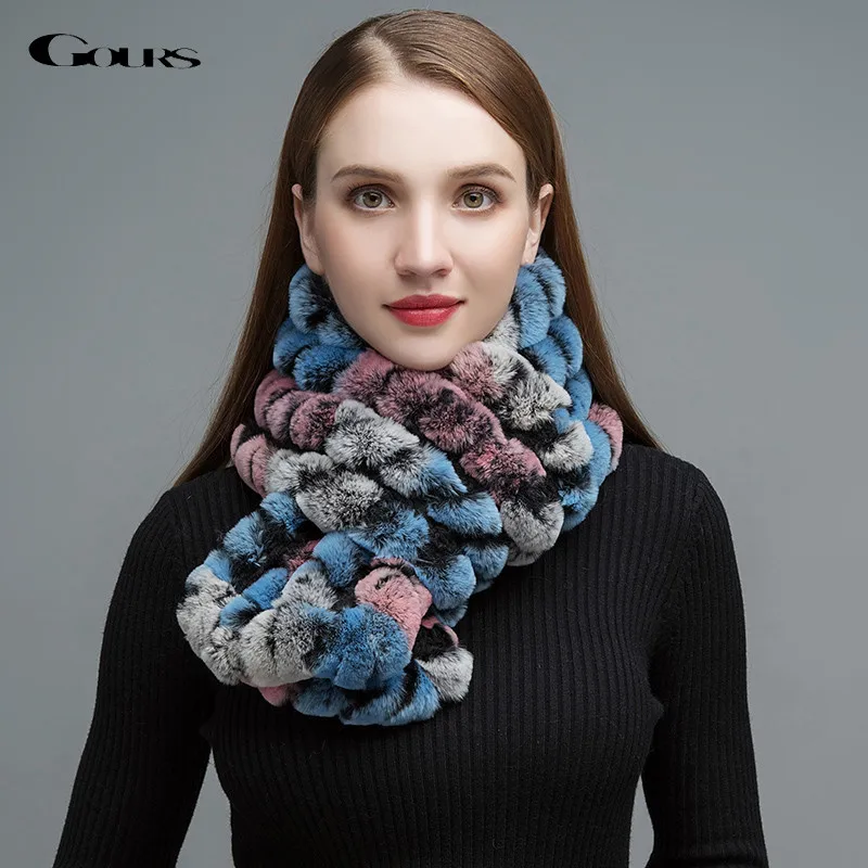 Gours Women's Real Fur Scarf High Quality Natural Rex Rabbit Fur Big