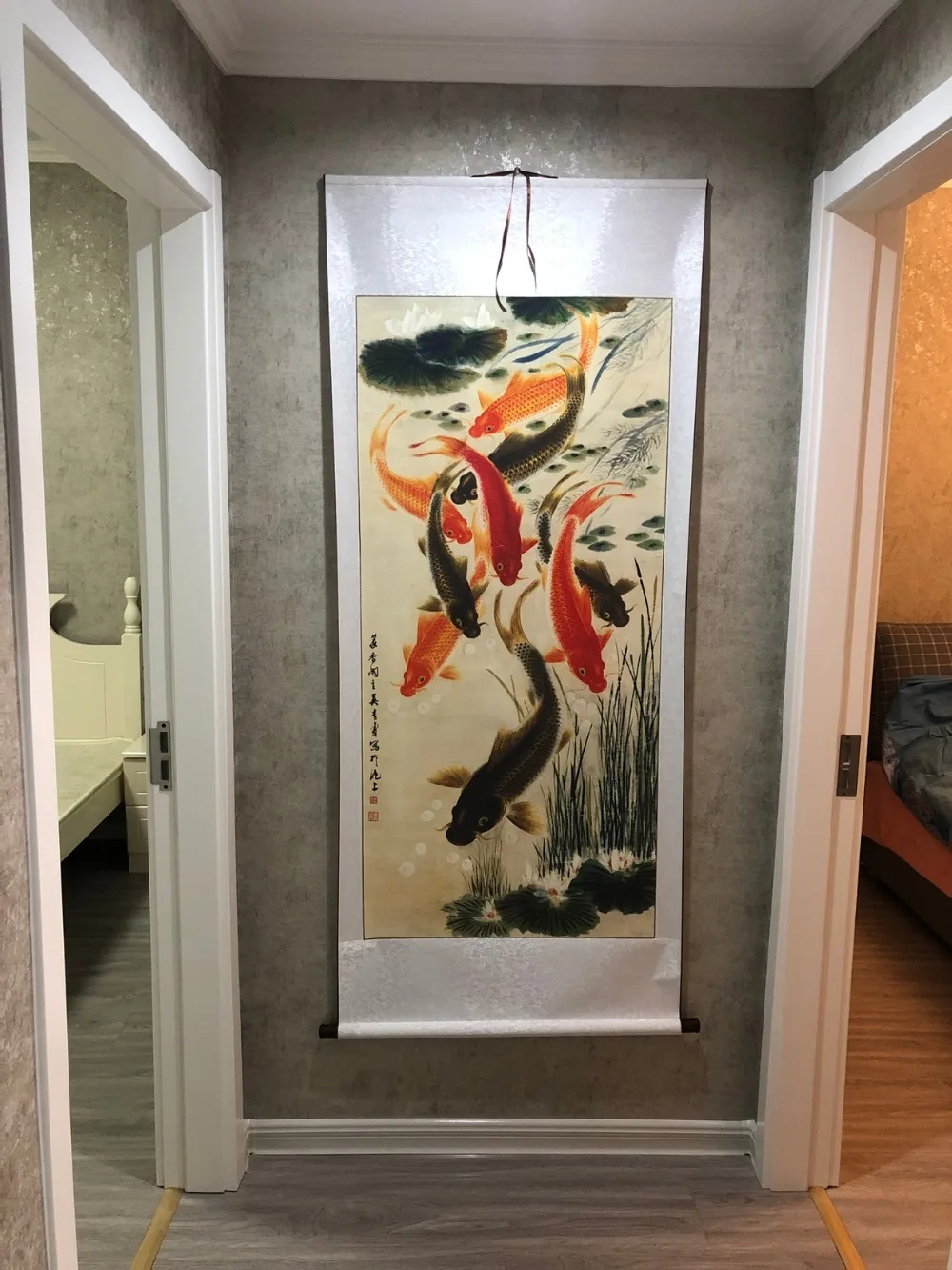 

Large HOME LIVING ROOM hall lobby company TOP Decor art FENG SHUI Good luck bring wealth 9 Goldfishs china silk painting