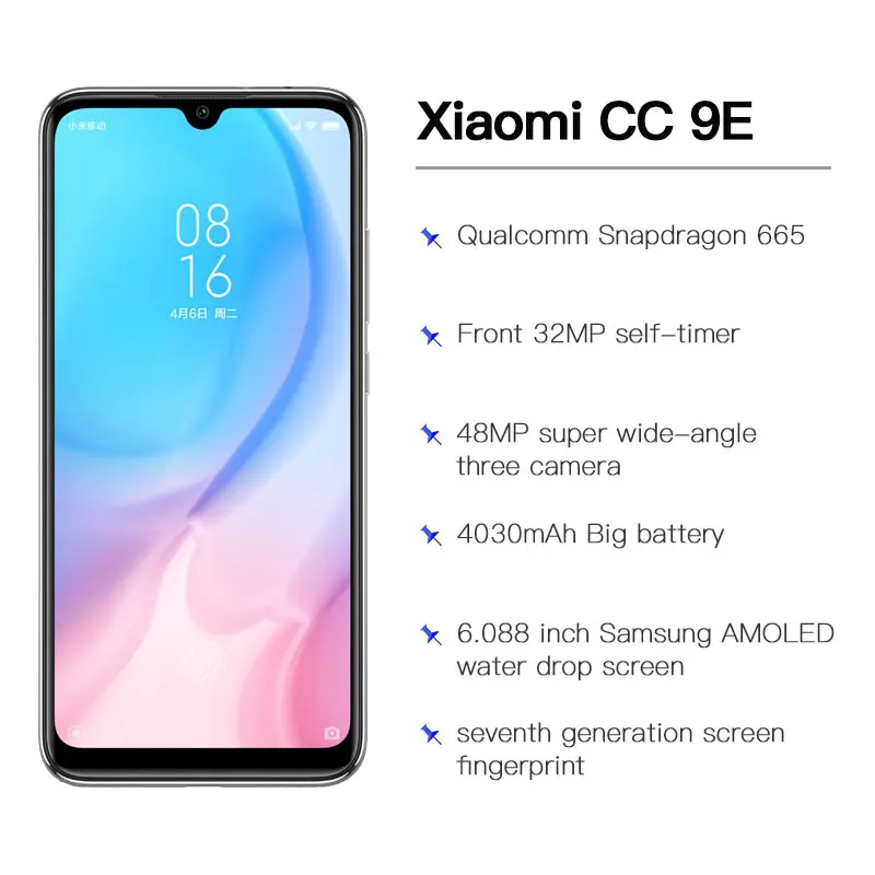 Xiaomi mi CC9E 6 ГБ 64 Гб мобильный телефон AMOLED экран mi UI 10 Snapdragon 665 Восьмиядерный 4030 мАч задний три кадра 48+ 32 Мп камера