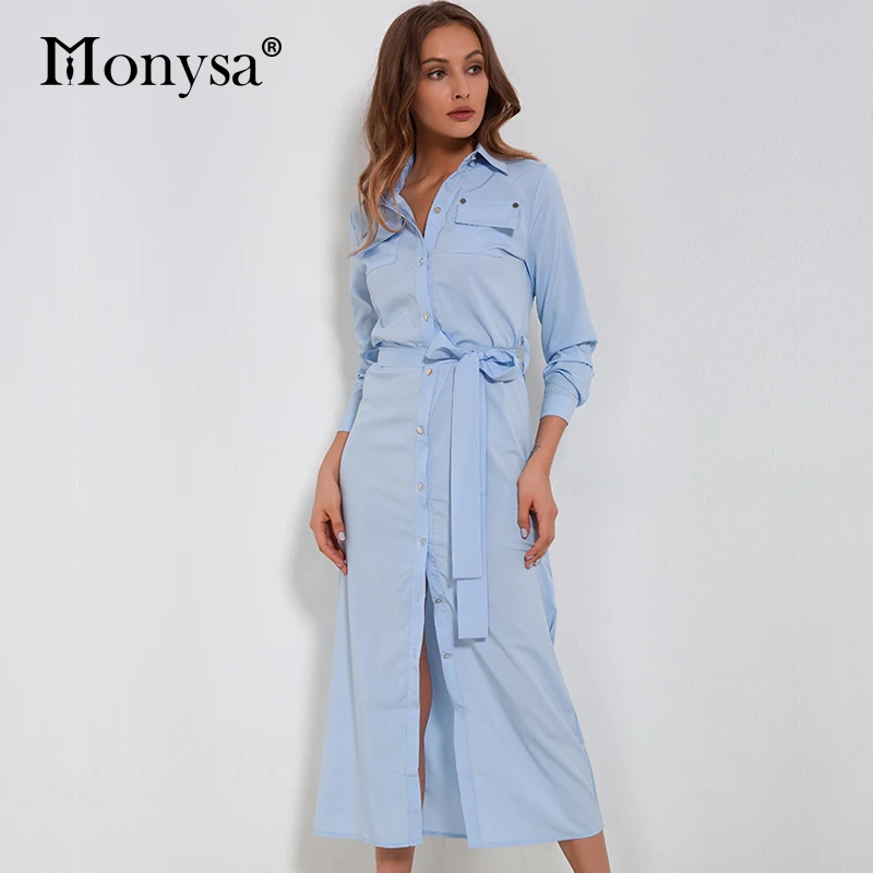 

Casual Chiffon Dress Women 2018 Autumn New Arrivals Fashion Long Sleeve Button Shirt Dresses Ladies Long Dress With Belt Blue