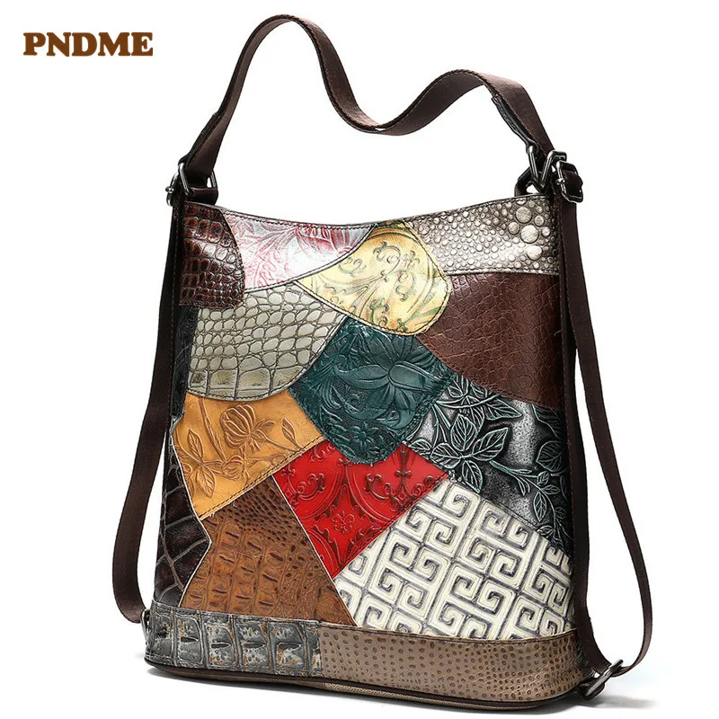 

Large capacity leather lady's handbag outdoor trend vertical single shoulder bag national wind pressure flower bucket bag