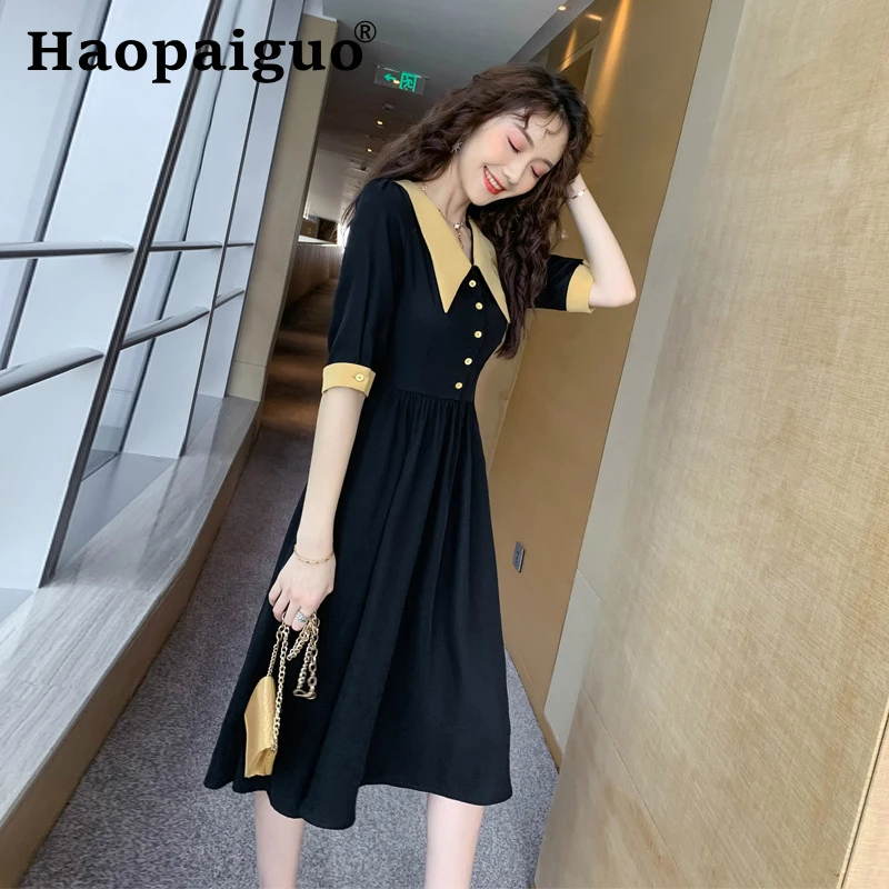 

Big Swing Vintage Korean Dress Women Turn-down Collar Singer Button Reversible Two Side Summer Clothes for Women Black Dress