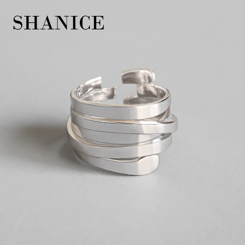 SHANICE 925 пробы Серебряное Открытое кольцо с большим гладким лицом, простое геометрическое многослойное кольцо в стиле панк, ювелирные изделия для женщин