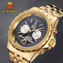 Mechanical Automatic Gold Watch Men Luxury Brand OUYAWEI Tourbillon Male Wrist Watch Stainless Steel Business Black Wristwatches