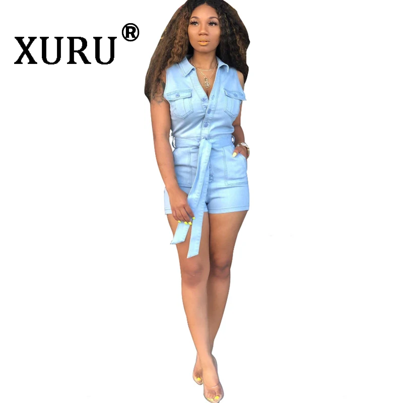 

XURU summer hot sexy denim jumpsuit shorts fashion slim slimming jumpsuit washed denim jumpsuit