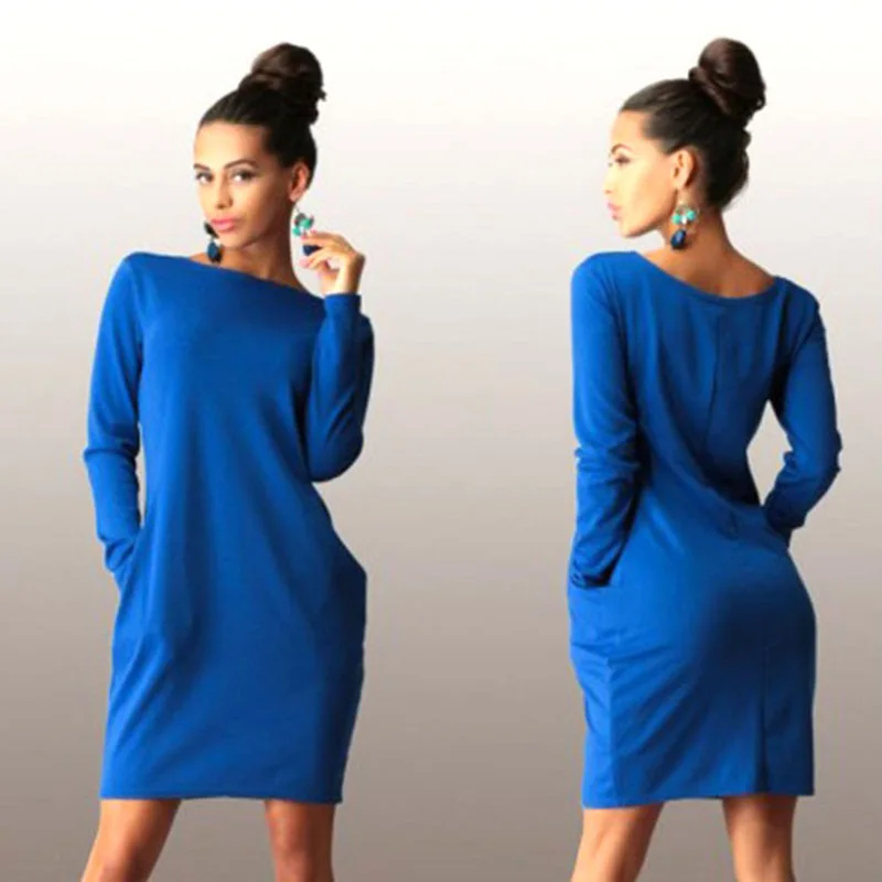 Однотонное облегающее мини-платье с длинным рукавом и карманом, женское свободное платье выше колена с круглым вырезом, богемное повседневное мини-платье для девушек, Осень-зима - Цвет: Blue