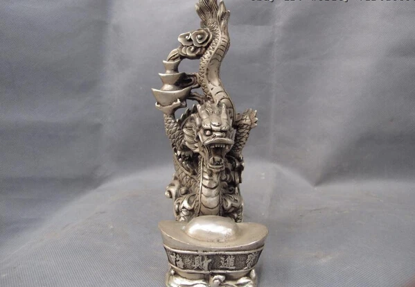 

song voge gem S1577 Chinese White Copper Silver Fengshui Lucky Wealth Yuanbao Zodiac Dragon Statue