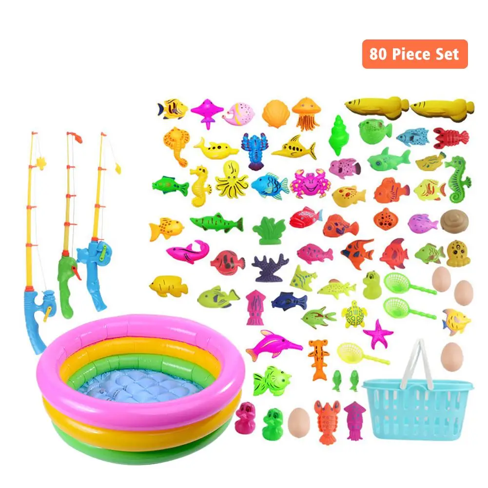 80PCS Set Plastic Magnetic Fishing Toys Baby Bath Toy Fishing Game Kids 1  Poles 1 Nets 13 Magnet Fish Indoor Outdoor Fun Baby
